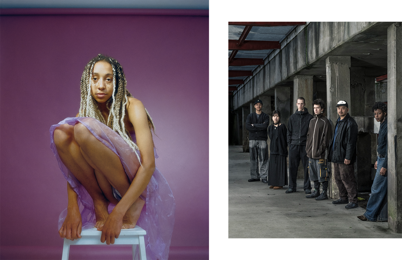 Two photos: The first photo is a portrait of vixnde. She is crouching on a stool and looking straight into the camera. Behind her is a purple backdrop. She is wearing a purple skirt. The second photo is a group photo of mundu lawaai. It shows six people standing in a room with a concrete floor and concrete pillars. All six are wearing dark clothes and looking straight into the camera.
